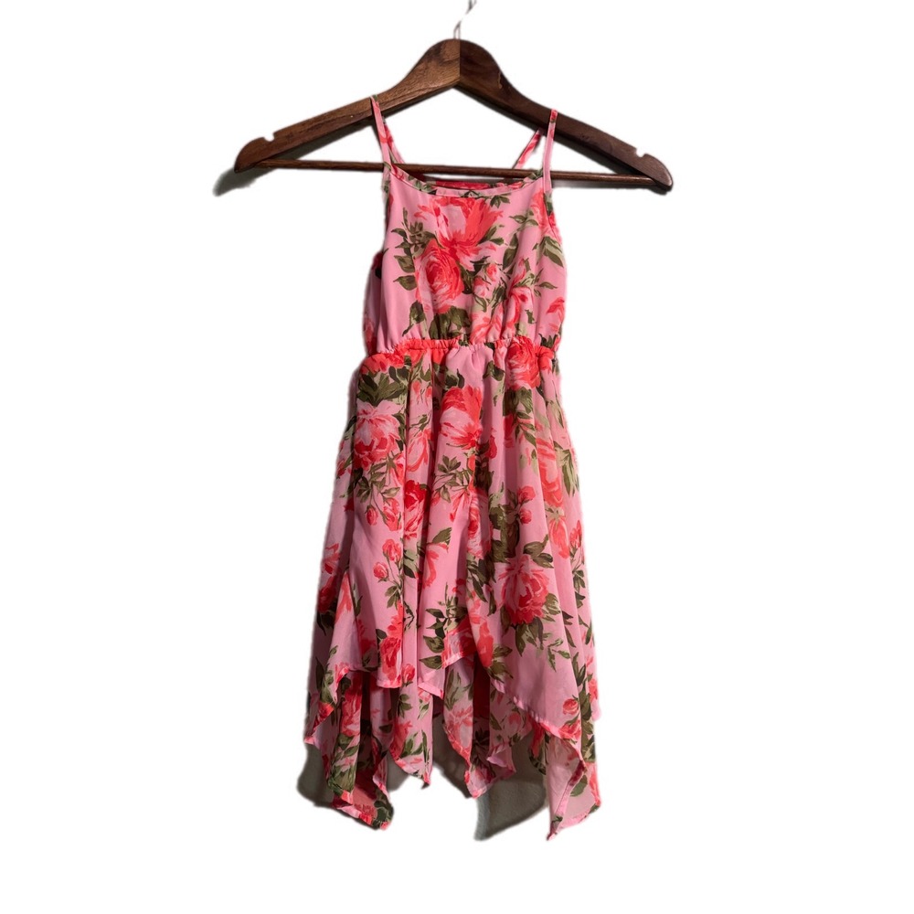 The Childrens Place Floral Dress‎ Kids 4 Pink Excellent Handkerchief Hem Chiffon